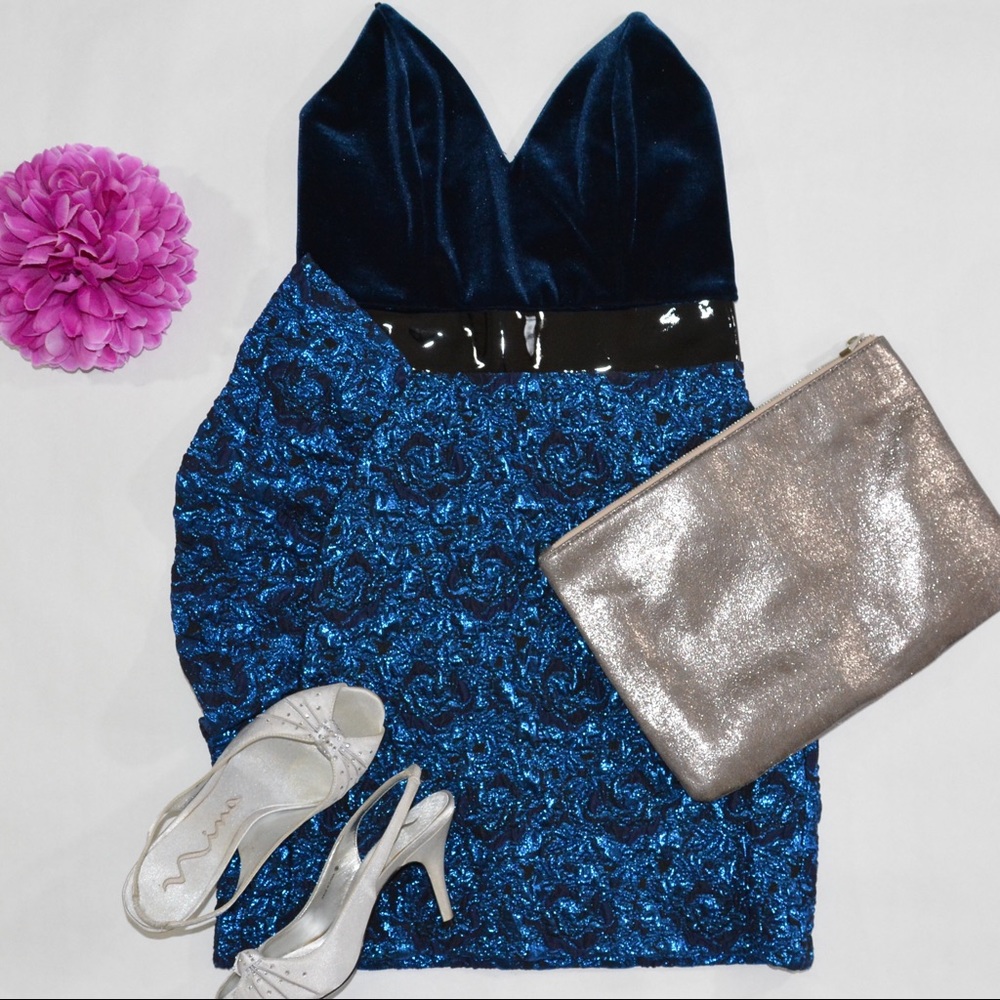 Topshop Velvet Jacquard Strapless Blue Mini Dress